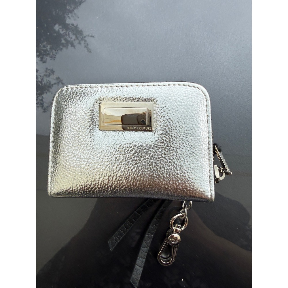 Juicy Couture Metallic Silver Zip Around Small Wallet ID Window Key Clip